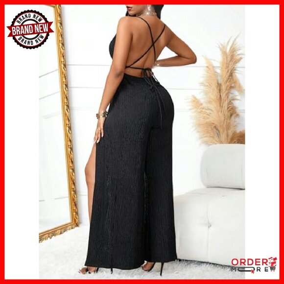 Sleeveless V-Neck Jumpsuit with Metal Belt High Waisted Slit - Picture 3 of 8